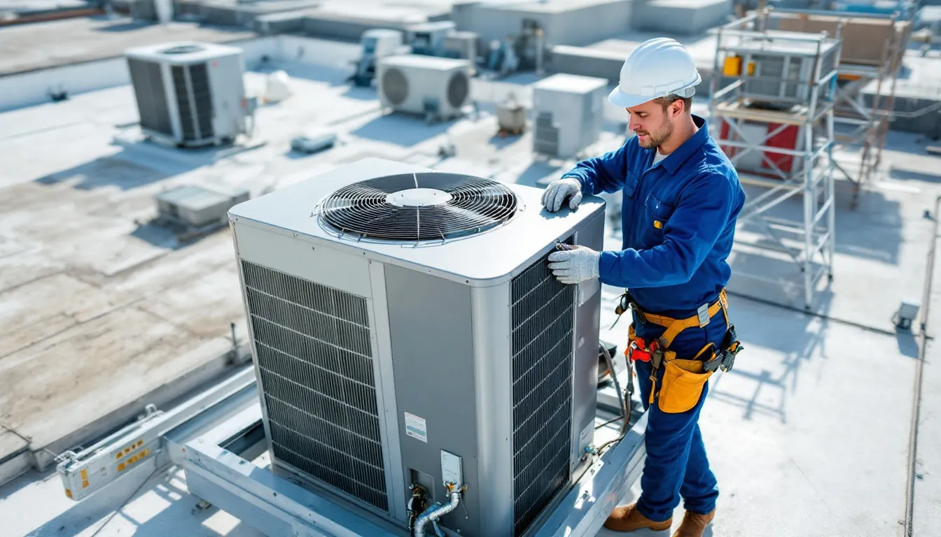 ヤマダ電機の業者が、エアコンの室外機の設置作業を行っている様子です。周囲には工具や機材が散らばっており、作業員が慎重に設置位置を確認しています。