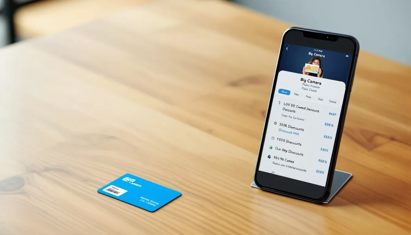 ビックカメラのポイントカードとアプリ画面が表示されており、ポイントの貯め方や還元率に関する情報が確認できます。アプリでは、ビックポイントの付与やお買い物の対象商品についても案内されています。
