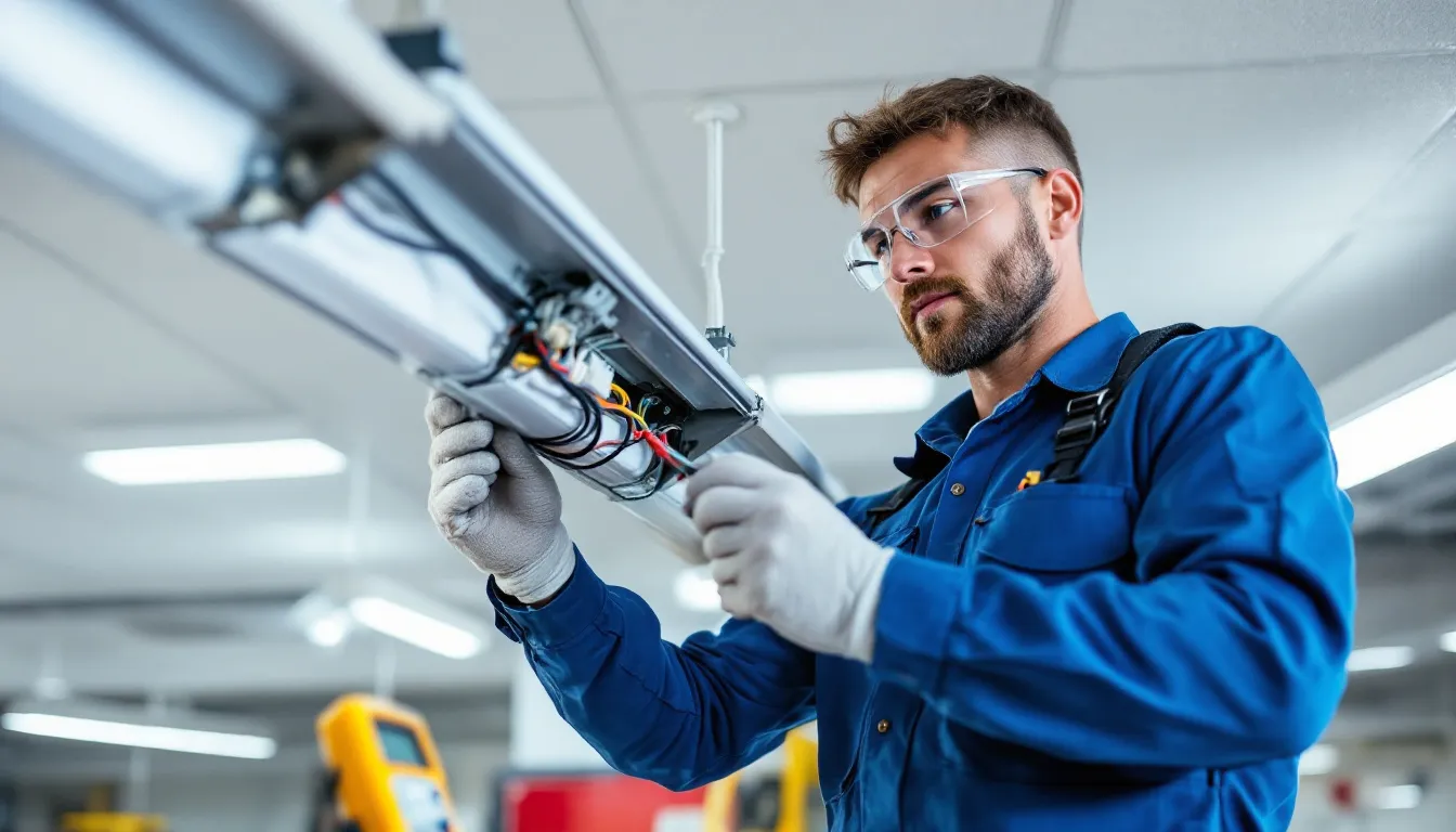 技術者が蛍光灯器具の内部配線を確認している様子が描かれています。彼は蛍光灯からLED照明への交換工事に備えて、配線の状態を慎重にチェックしています。