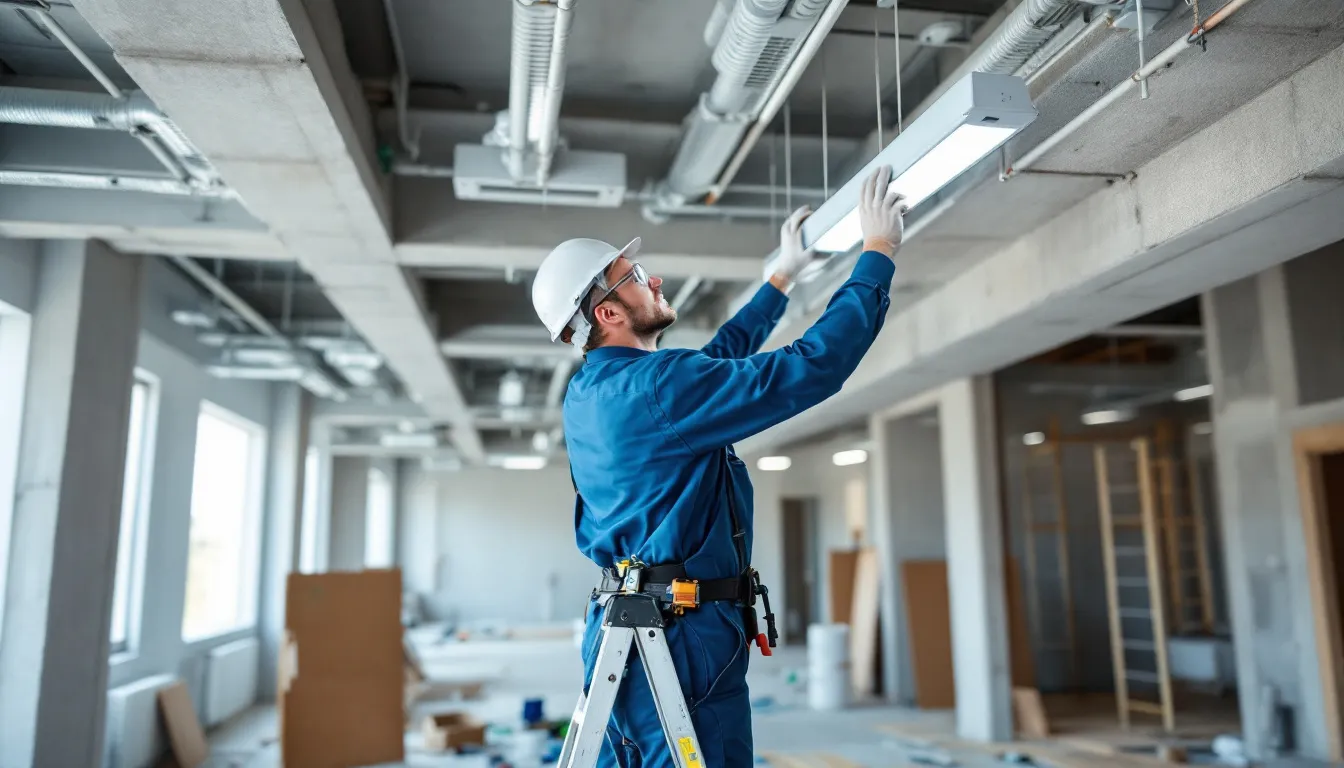 LED照明の取り付け工事を行う電気工事士が、蛍光灯をLEDに交換するための作業をしています。工事の際には、消費電力の削減やランニングコストの低減が期待されます。