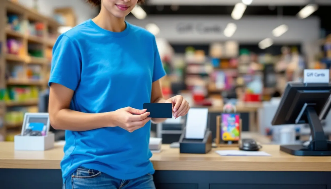 レジでギフトカードを購入する様子が描かれています。お客様がヤマダ電機でギフト券を手に持ち、支払いを行っている場面です。