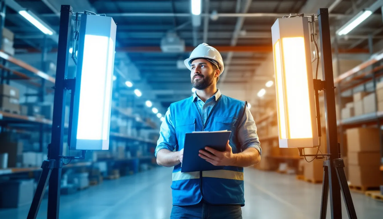 作業員が蛍光灯とLED照明を比較している様子が描かれています。蛍光灯からLED照明への交換工事のメリットや費用について考慮しているようです。