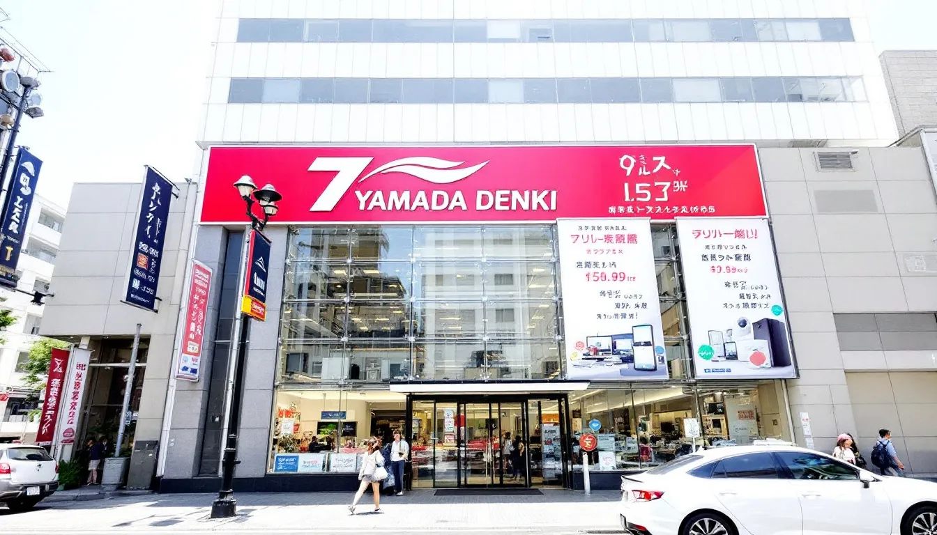 ヤマダ電機の店舗外観には、明るい看板が掲げられており、家電製品やギフトカードが取り扱われていることを示しています。この店舗は全国に展開しており、買い物に便利な場所です。