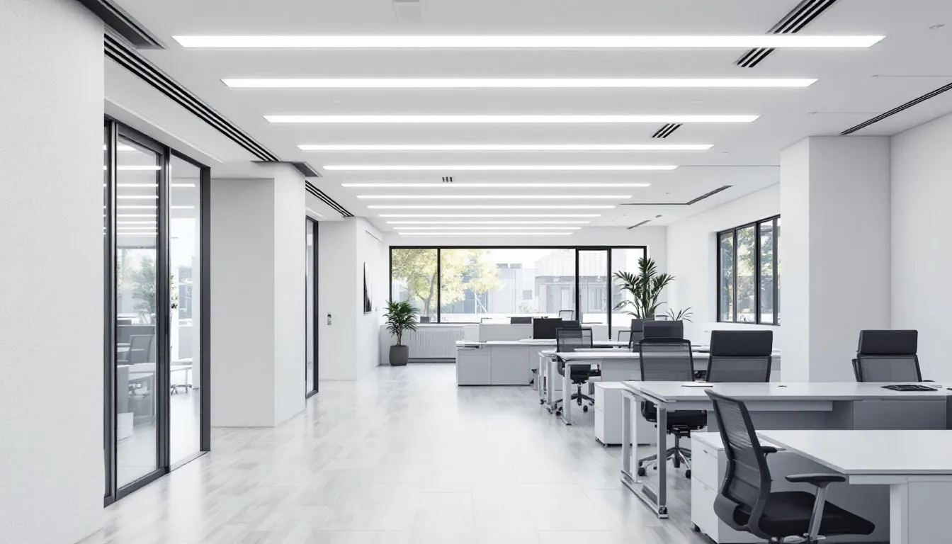 明るいオフィス空間には、LED照明が設置されており、蛍光灯からLEDへの交換工事が完了しています。省エネ効果やランニングコストの削減が期待できる、快適な照明環境が整っています。