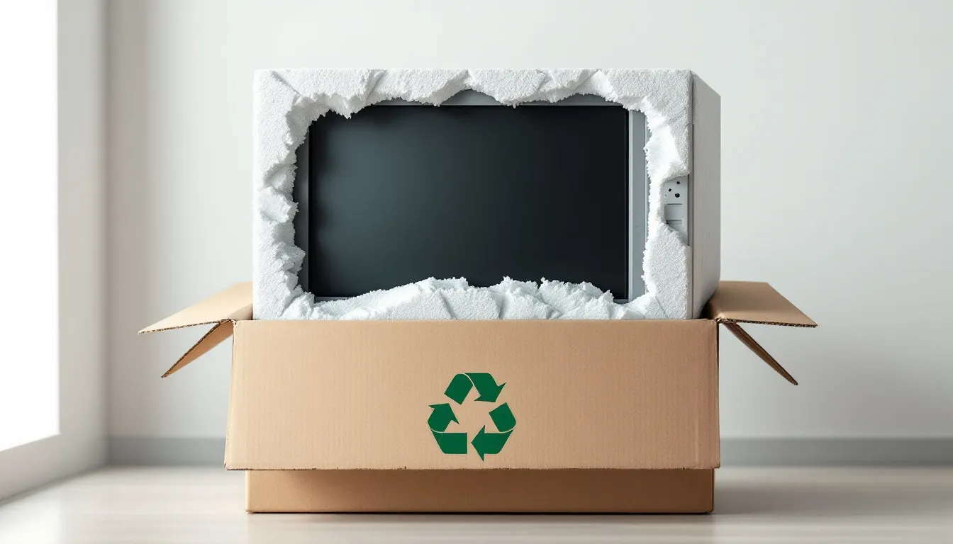 壊れたブラウン管モニターの安全な処分方法を示す図。モニターが適切に梱包されている。