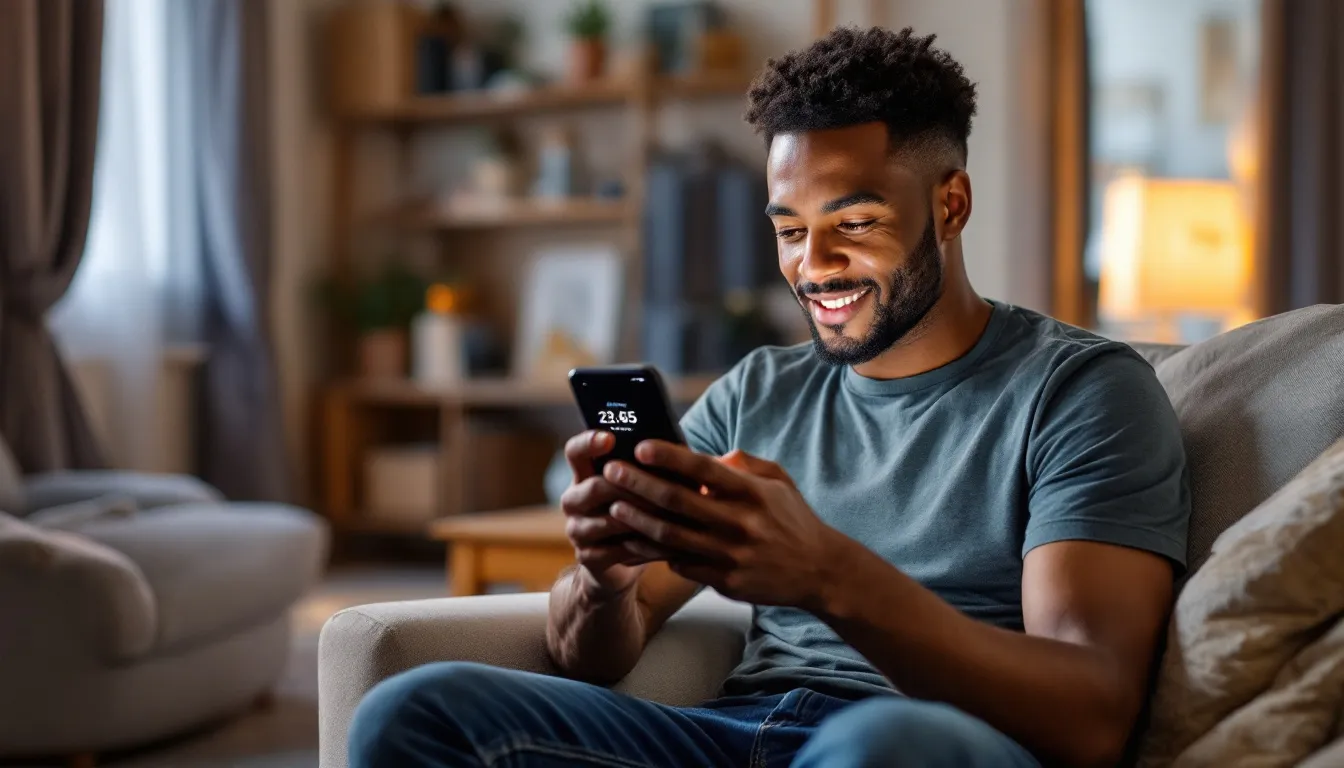 スマートフォンを使ってポイント残高を確認している人が、ヤマダ電機のアプリを操作している様子が描かれています。画面には「マイページ」や「ポイントカード」の情報が表示されており、利便性を感じさせるシーンです。