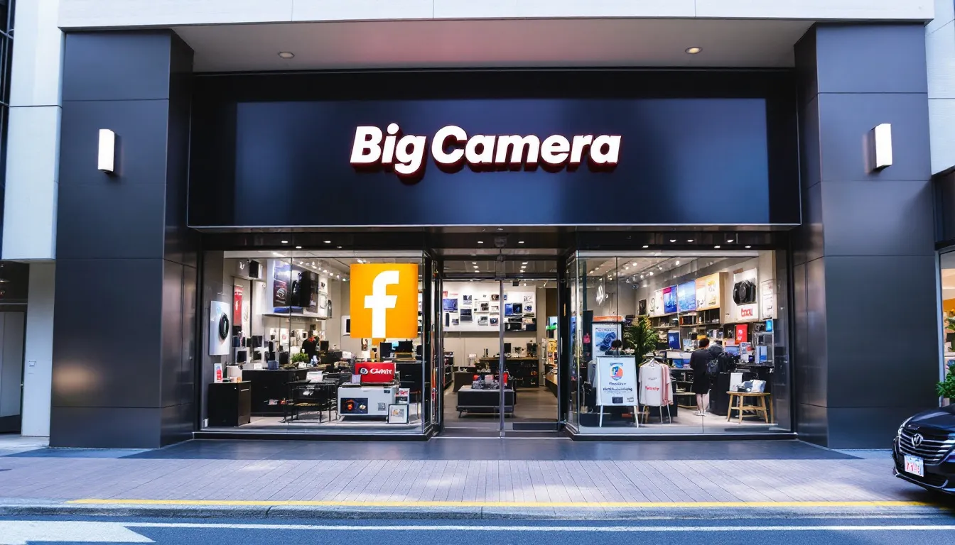 ビックカメラの店舗外観が映っており、赤い看板には「ビックカメラ」と大きく書かれています。周囲には家電量販店らしい雰囲気が漂い、買い物客が行き交う様子が見受けられます。