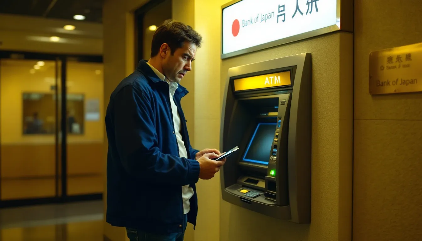 ATMの前で、暗証番号を忘れて困っている人が立っています。彼はカードの暗証番号を入力しようとしているが、思い出せずに困惑している様子です。