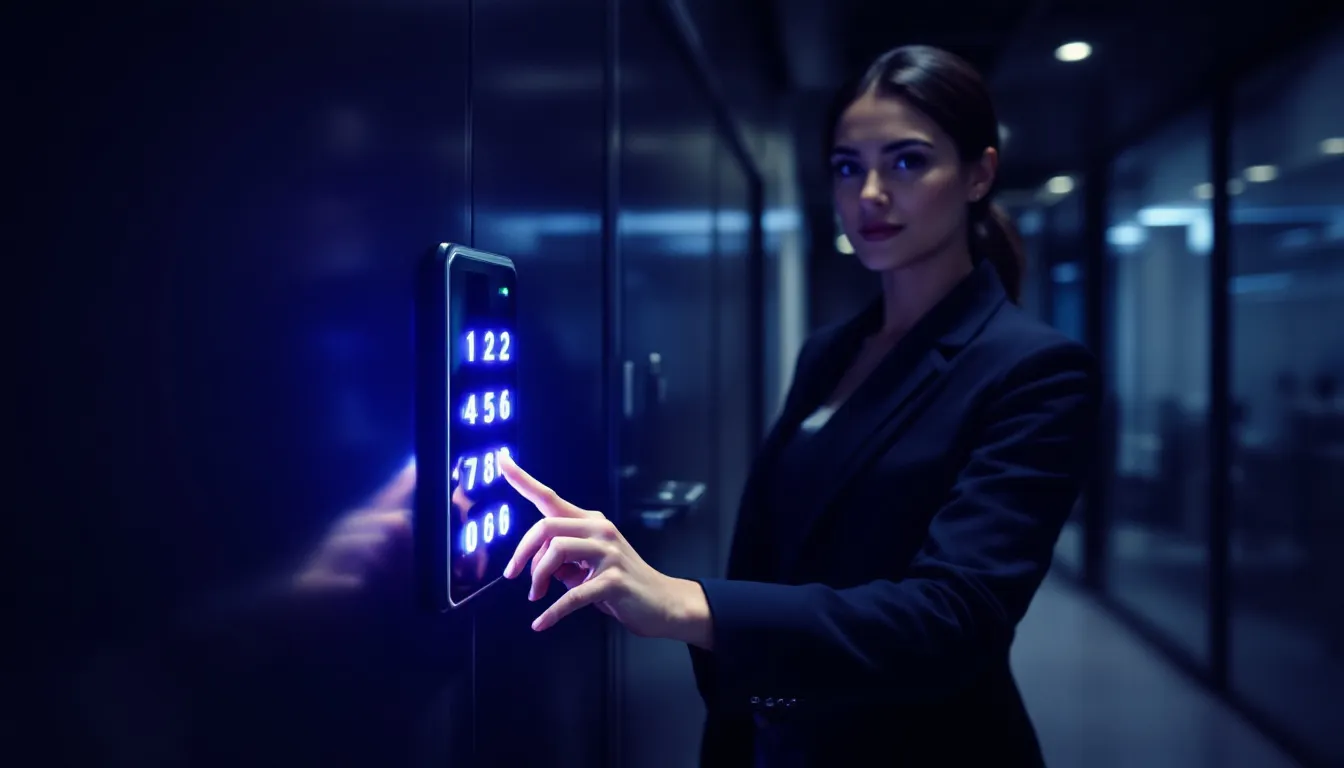 セキュリティを意識して、暗証番号を入力している人の姿が描かれています。周囲には、クレジットカードやICカードが見え、注意深く手続きを進めている様子が伝わります。