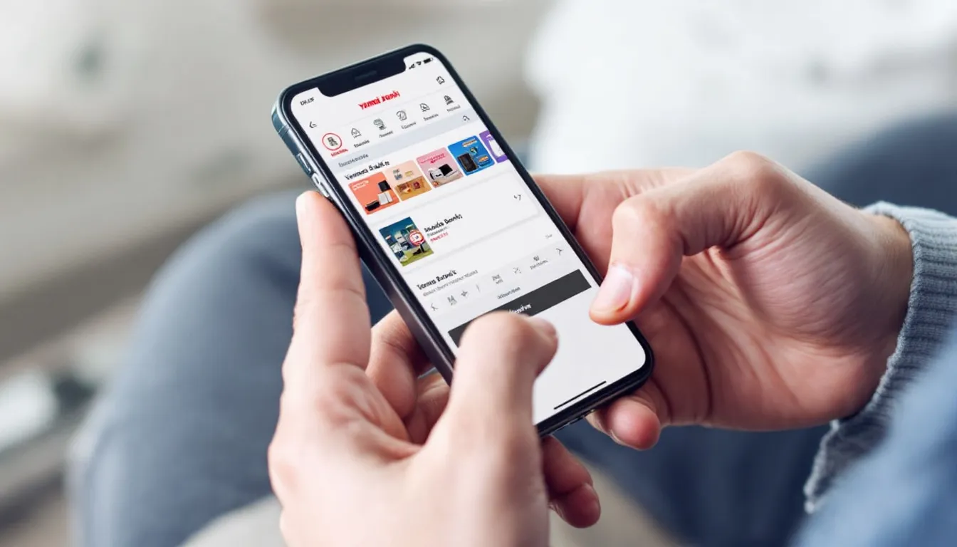 スマートフォンでヤマダ電機アプリを操作している手元が映っています。画面には「マイページ」や「退会手続き」のオプションが表示されており、ユーザーがポイントカードやサービスを利用するための設定を行っている様子がわかります。