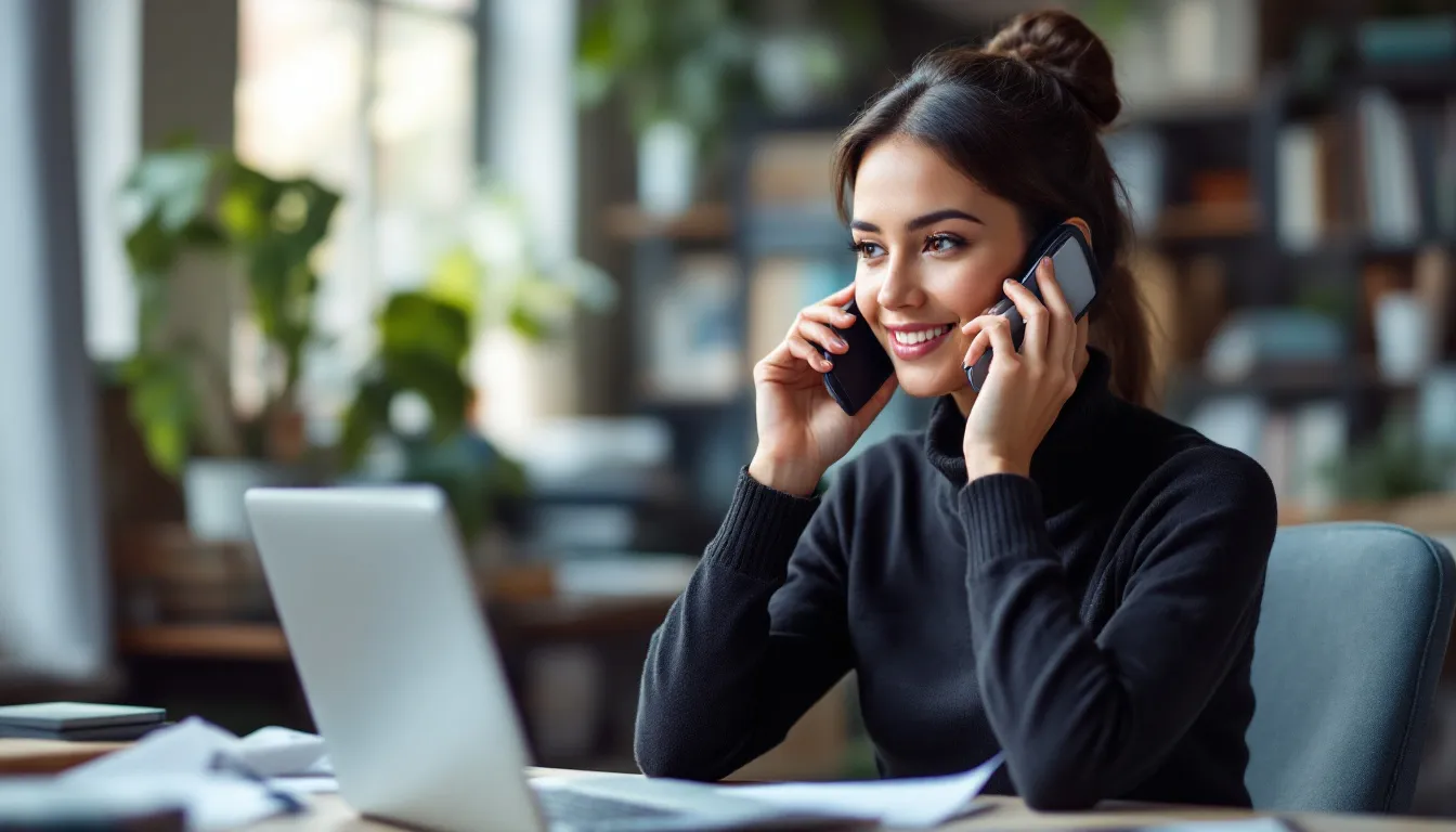 電話を使ってカスタマーサービスに連絡している人が描かれています。彼は暗証番号の確認や手続きについて話しており、必要な情報をメモしている様子が伺えます。