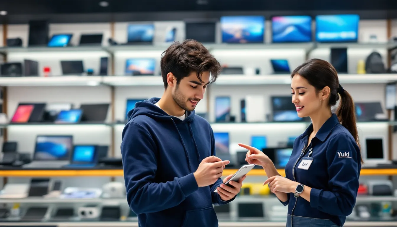ヤマダ電機の店舗で、電子機器を購入する客とスタッフが対話している様子が描かれています。客は購入した商品の詳細を確認し、スタッフはヤマダデジタル会員の特典について説明しています。