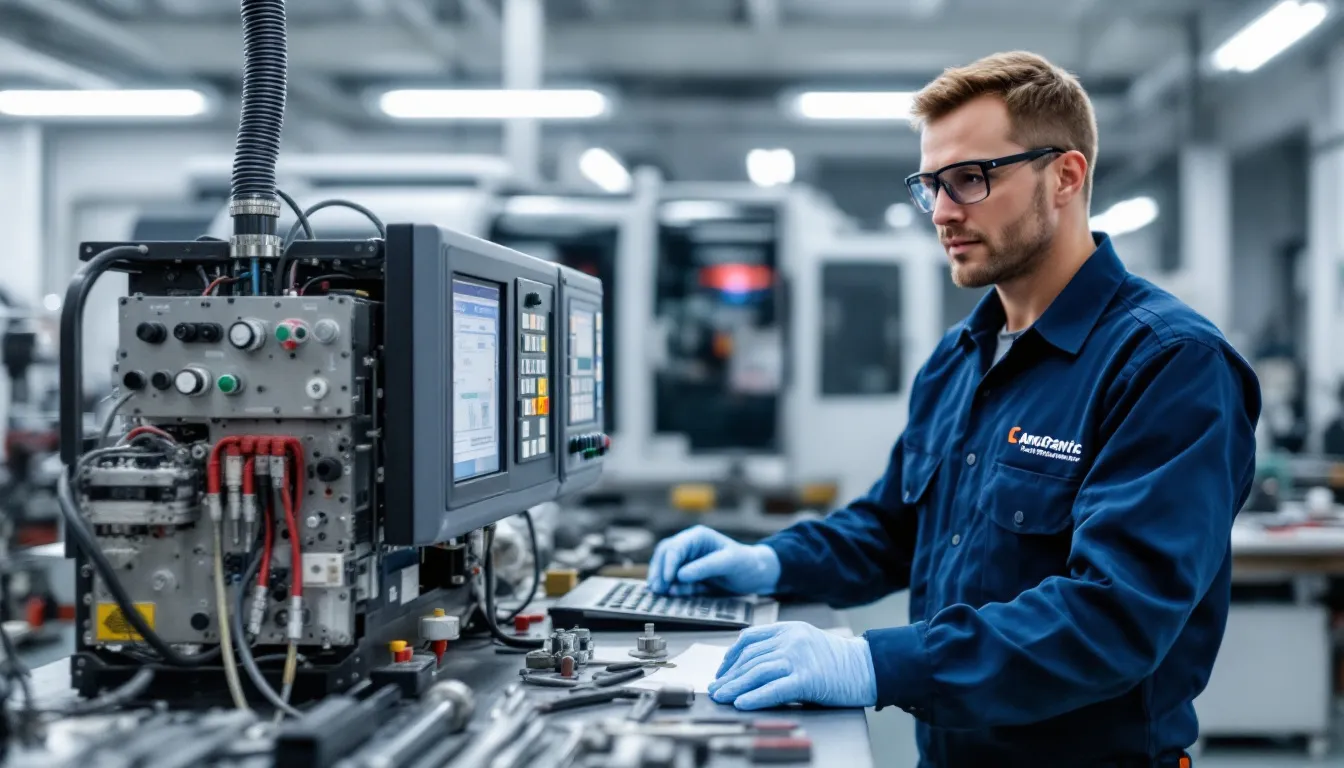 技術者がエアコンの取り付け完了後に動作確認を行っている様子が描かれています。ヤマダ電機のエアコン移設工事において、室内機と室外機の設置が正しく行われているかを確認しています。