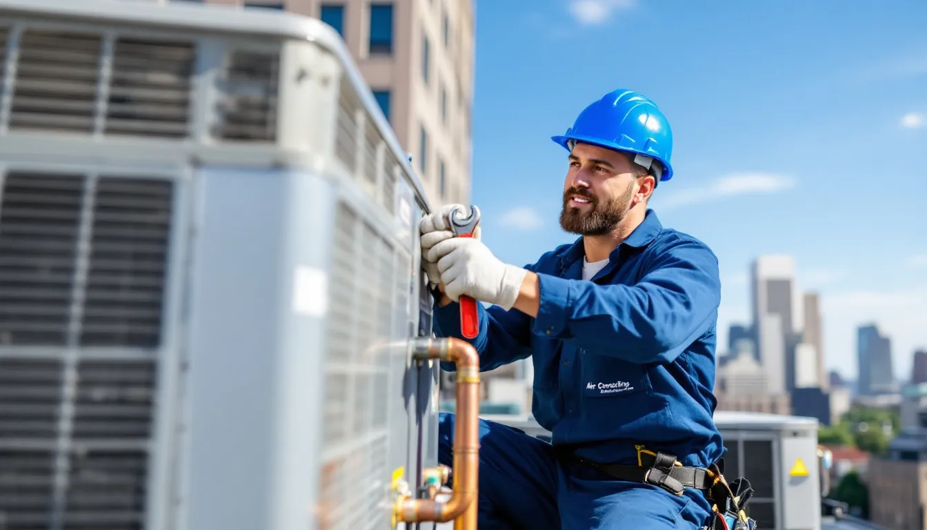 エアコン移設工事を行う技術者が、室内機と室外機の取り外し作業をしている様子です。ヤマダ電機の専門業者が、エアコンの移設に必要な作業を丁寧に対応しています。